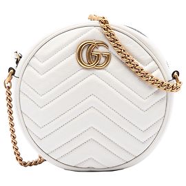 Gucci Mini Borsa a Tracolla Rotonda GG Marmont in Pelle di Vitello Matelassé Bianca