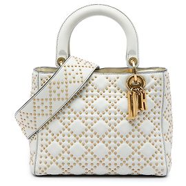 Dior White Medium Lambskin Cannage Studded Supple Lady Dior