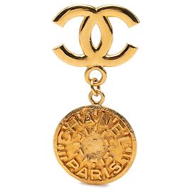 Spilla a Pendente con Medaglione Placcato Oro Chanel Gold CC