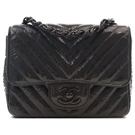 Chanel Black Mini Square Classic Chevron Crumpled Patent So Black Single Flap