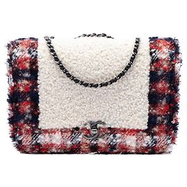 Borsa a tracolla Single Flap Chanel CC in tweed e shearling bianca