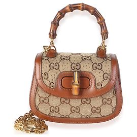 Borsa Gucci Camel GG Supreme Canvas Crystal Mini Bamboo 1947 Top Handle