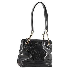 CHANEL Chain Shoulder Bag Patent leather Black Gold CC
