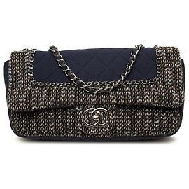 Chanel Blue Small Quilted Jersey and Tweed Chain Flap