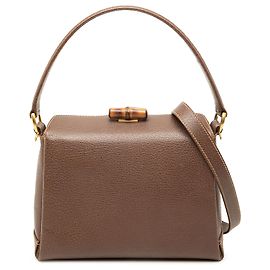 Borsa Satchel Gucci in pelle di vitello martellata marrone con bambù