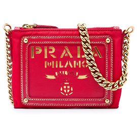 Borsa a tracolla Prada in Tessuto con rifiniture in Saffiano rosso e logo a catena