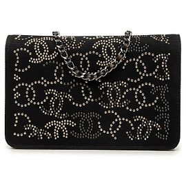 Portafoglio con catena Chanel Black Paris Shanghai in tela con cristalli