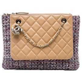 Chanel Doppel-Etui aus braunem gestepptem Lammleder und Tweed mit Kette