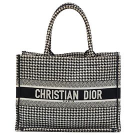 Dior Book Tote Media in tela ricamata pied-de-poule Nero