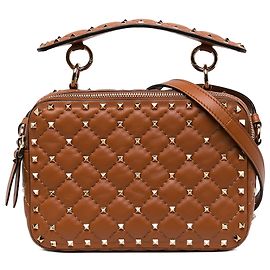 Borsa Camera Valentino Rockstud Spike in nappa marrone con doppia zip