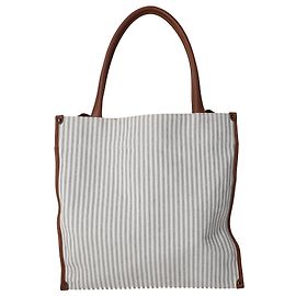 Borsa Tote in tela grigia a righe con rifiniture in pelle Brunello Cucinelli