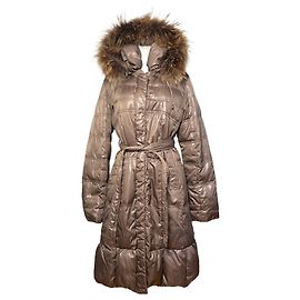 Chaqueta de Plumas Vintage Balmain Marrón Claro con Ribete de Piel Sintética M