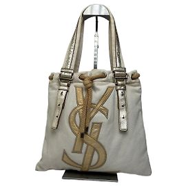 Tote Vintage Yves Saint Laurent in Tela Primi anni 2000 Cream Gold