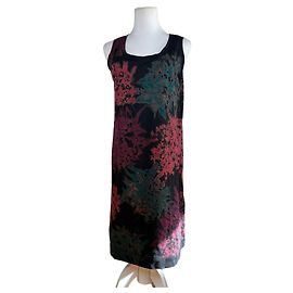Vestido midi floral de algodón Issey Miyake Vintage Black Teal Burgundy M