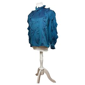Blusa de seda con volantes Vintage Dior c. finales de los 70 Teal S
