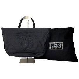 Borsa Tote Vintage Versace Couture in tela metà anni 1990 Nero Oro