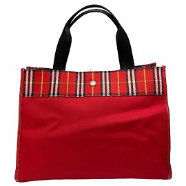 Tote Vintage Burberry em Lona com Detalhe Plaid Vermelho