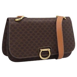 Céline CELINE Macadam Canvas Schultertasche PVC Leder Braun Gold