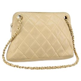 CHANEL Matelasse Chain Shoulder Bag Lamb Skin Beige Gold CC