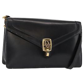 Christian Dior Shoulder Bag Leather Black Gold