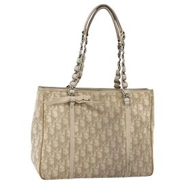 Christian Dior Trotter Canvas Romantic Hand Bag PVC Beige Silver