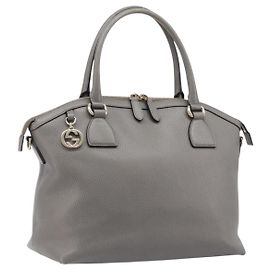 GUCCI Hand Bag Leather Outlet Gray Gold Tone 449651