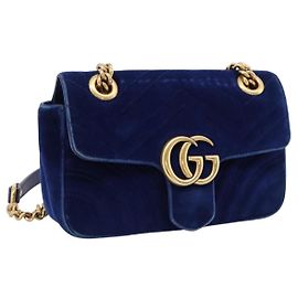 GUCCI GG Marmont Chain Shoulder Bag Velor Blue Gold 446744