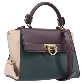 Salvatore Ferragamo Gancini Hand Bag Leather 2way Green Gold Tone