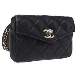 CHANEL Matelasse Chain Waist bag Lamb Skin Black Gold CC