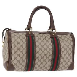 GUCCI GG Supreme Web Sherry Line Hand Bag PVC Beige Gold Red