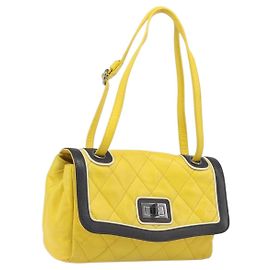 CHANEL Matelasse 2.55 Shoulder Bag Lamb Skin Yellow Silver CC