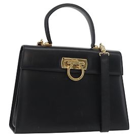 Salvatore Ferragamo Gancini Hand Bag Leather 2way Black Gold