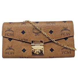 Portafoglio a spalla con catena in pelle marrone MCM