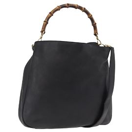 GUCCI Bamboo Hand Bag Leather Black Gold Tone 001 123 1577