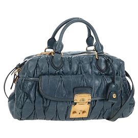 Miu Miu Matelasse Hand Bag Leather 2way Blue Gold