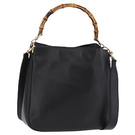 GUCCI Bamboo Hand Bag Leather 2way Black Gold 001 1638