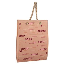 CHANEL Chain Tote Bag Canvas Pink Gold CC