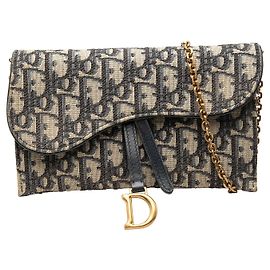 Pochette Saddle Dior Small in tela Oblique blu con catena, borsa a tracolla