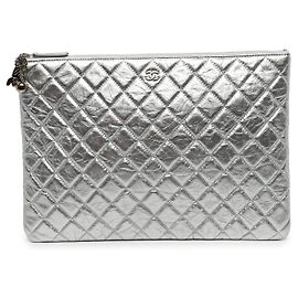 Chanel Silver Large Quilted Metallic Aged Calfskin Cosmo Charm O Case Clutch