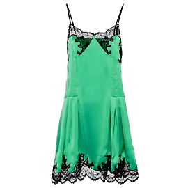 Mini abito slip in raso verde con bordi in pizzo Paco Rabanne