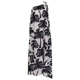 Vestido midi Farm Rio estampado de palmeras con un solo hombro en lino blanco
