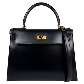 Hermès Hermes Kelly 28 Handtasche aus schwarzem Box Calf Leder