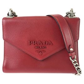 Prada Saffiano Pochette Schultertasche mit Kette aus rotem Leder