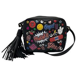 Borsa a tracolla in pelle nera con patch sticker multi Anya Hindmarch