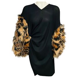 Vestido assimétrico de crepe com adornos de pele sintética preta / tan Junya Watanabe