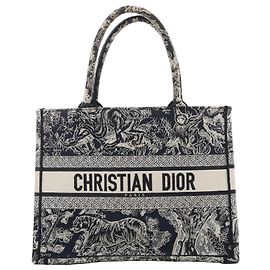 Borsa a spalla Christian Dior Book Tote Medium Toile in tela ricamata in Navy x Beige