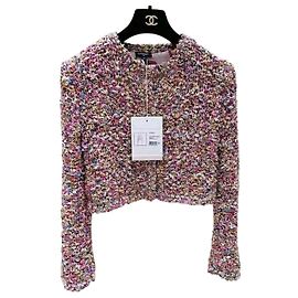 Giacca Cardigan Chanel in Tweed con Perle Rosa Taglia 38