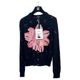 Chanel Schwarzer Kaschmir Strick Blumenmuster Double C Pailletten