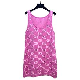 Vestido tank de algodón rosa Gucci con punto jacquard Double G