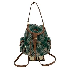 Miu Miu Kleiner Rucksack aus grün kariertem Woll-Tweed mit brauner Lederbesatz